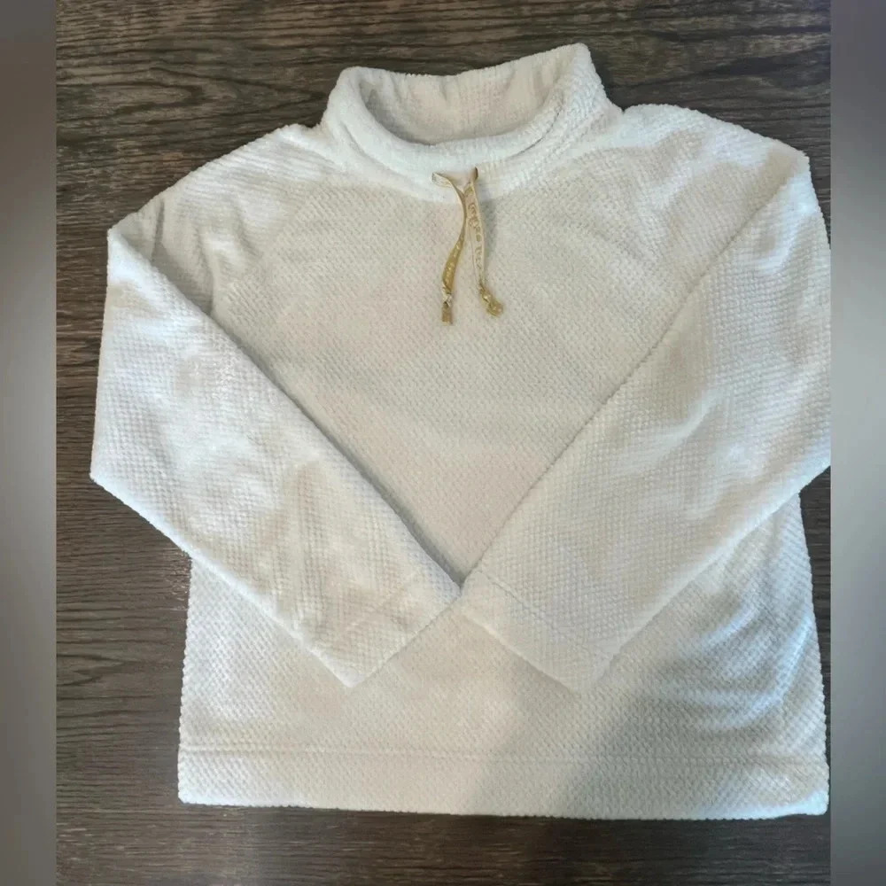 Muk Luks Womens S Pullover Soft Fleece Funnel Neck Drawstring Top White